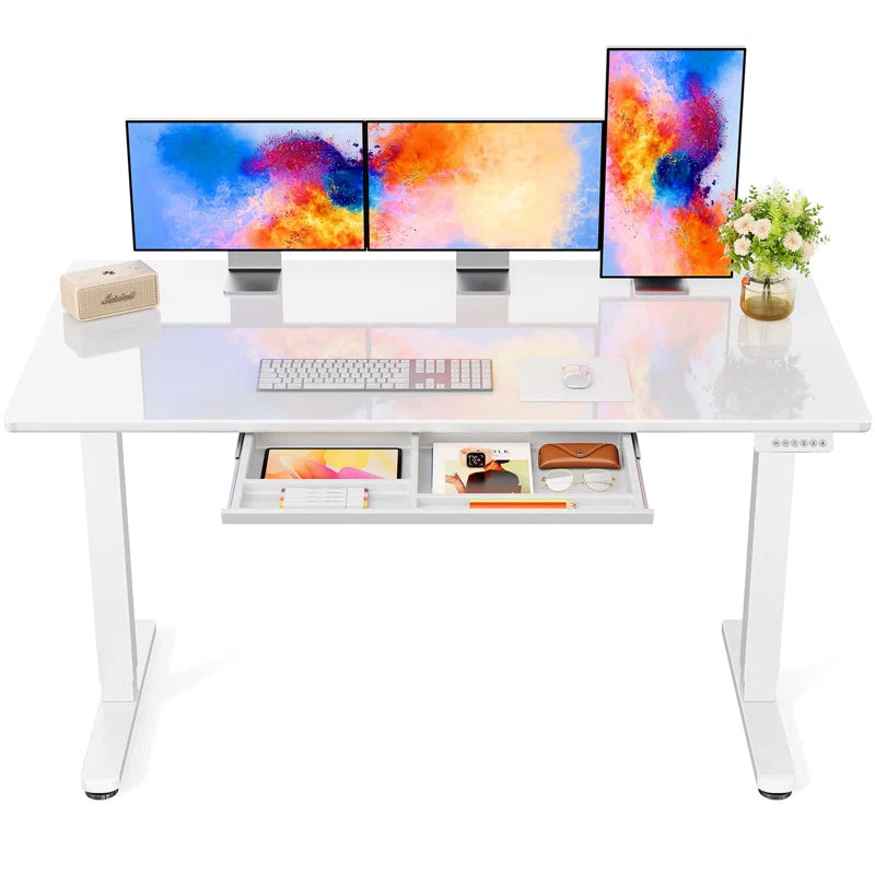 55'' White Glass Standing Desk with Writable Surface and Built-In Storage Drawers, Adjustable Height