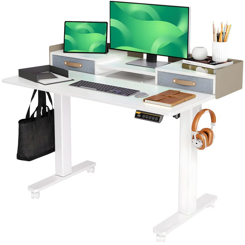 Height Adjustable Standing Desk with Drawers and Hooks